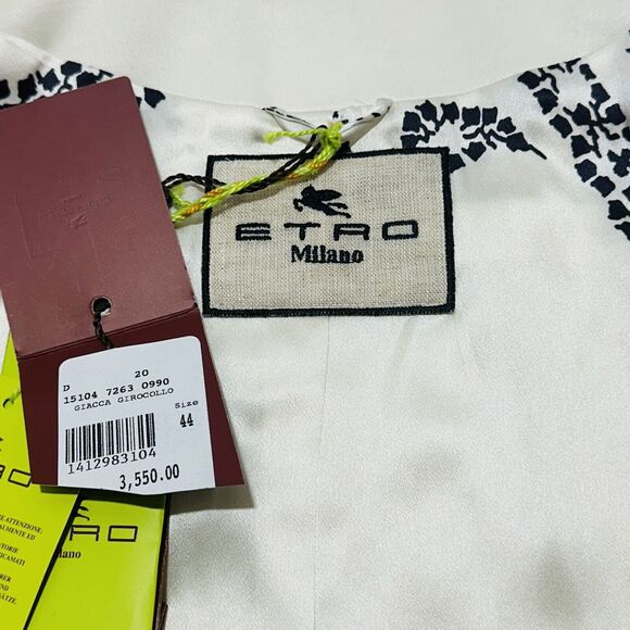 ETRO 44 US/8 Milano Jacket White Silk Lined embroidered Button Front NWT $3550 - Picture 6 of 9